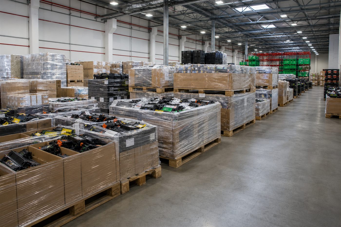 Organized warehouse pallets and recyclable printer consumables ready for global sourcing review